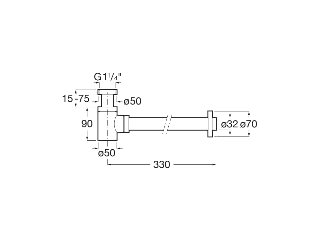 Mini - Sifão de parede cilíndrico de 1 1/4" para lavatório. Tubo de 300 mm Roca