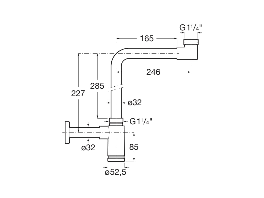 Sifão poupa espaço - Sifão 1 1/4" para lavatório. Tubo de 245 mm