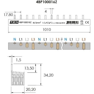 BARR. PONT. 16 mm² 1000 mm 4P Z