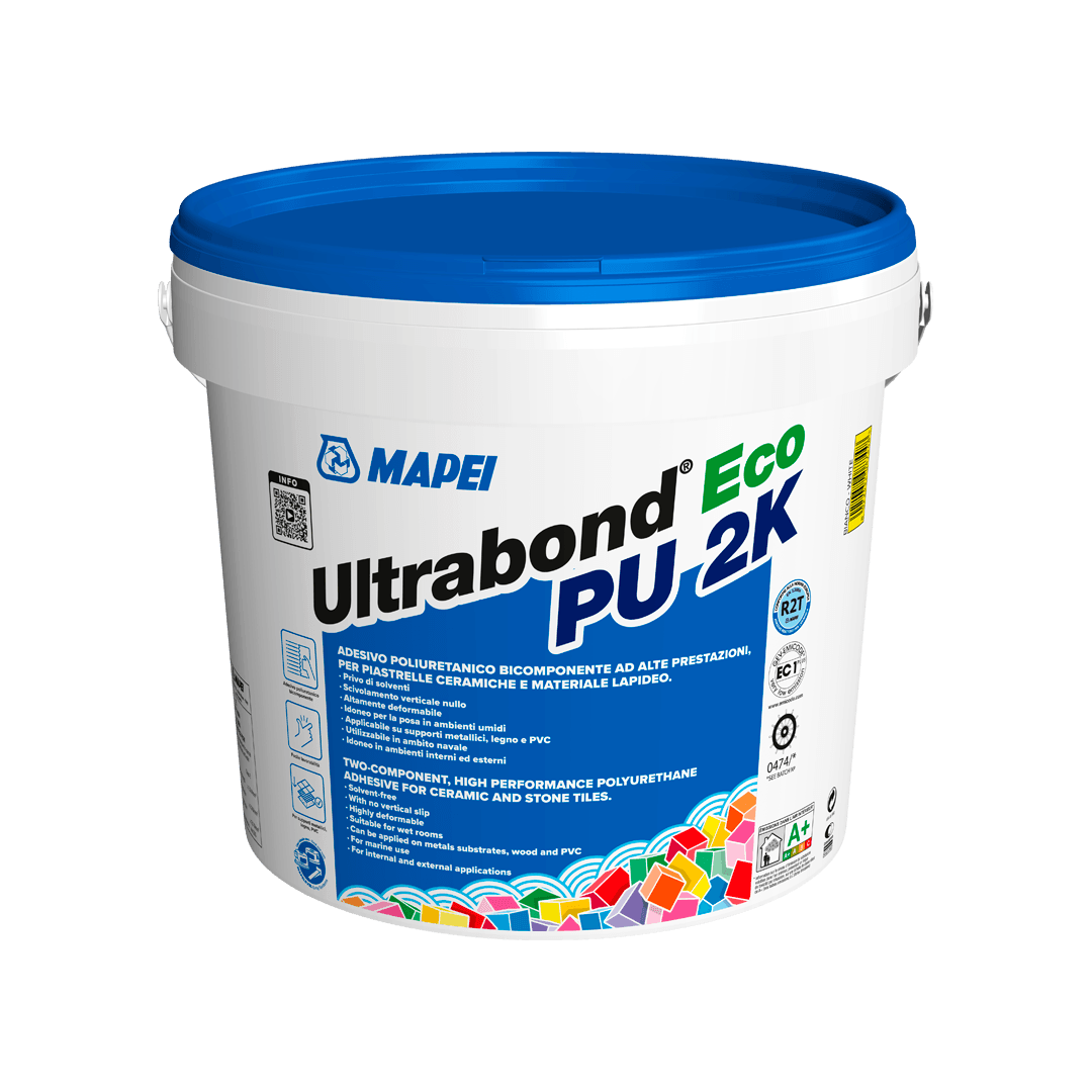 Adesivo em poliuretano bicomponente Ultrabond Eco PU 2K para ladrilhos cerâmicos e material pétreo Mapei