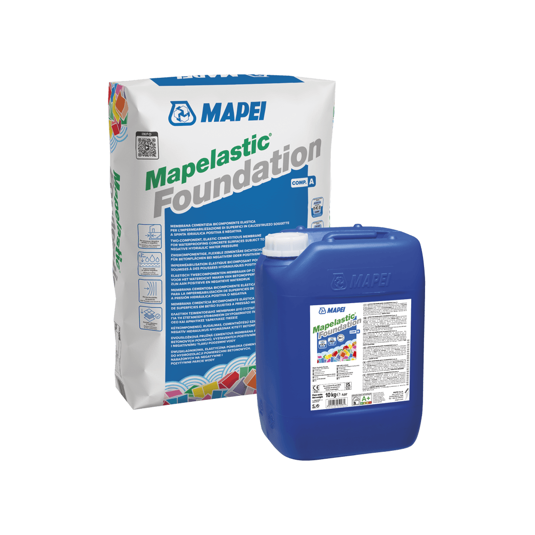 Argamassa cimentícia bicomponente elástica para a impermeabilização de superfícies em betão Mapelastic Foundation Mapei