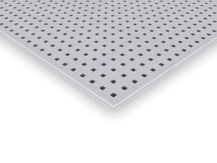 Placa de gesso laminado com perfuração quadrada para a absorção do som com a inclusão da Zeolita, provocando um efeito depurador do ar KNAUF CLEANEO AKUSTIK CUADRADA BORDE UFF